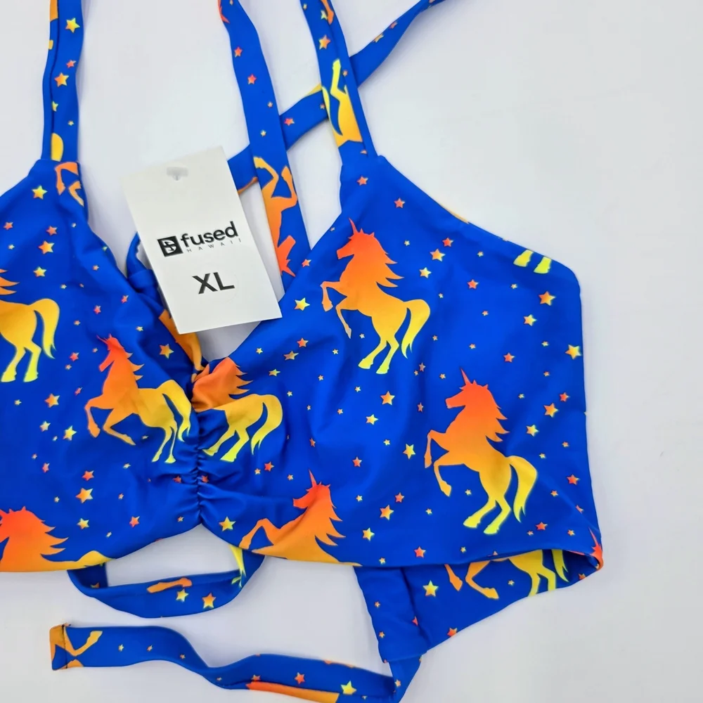 Fused Hawaii Bikini Top XL Blue‎ Unicorn Star Print Swimwear Adjustable NWT - Picture 2 of 8
